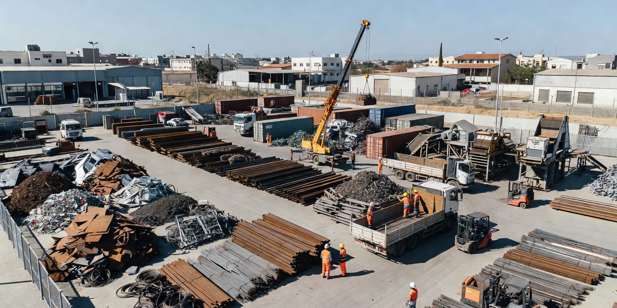 מרכז קנייה ומחזור ברזל ופסולת מתכת בגדרה, במרכז הארץ — ערימות מתכת ממוינות, קורות פלדה, מנוף מגנטי, משאיות איסוף, צוות מקצועי במדים, ציוד מיון מתקדם, חצר נקייה ומסודרת. שירות קניית ברזל, איסוף פסולת מתכת ומיחזור בכל הארץ.