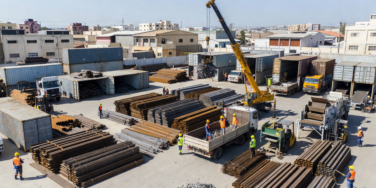 מרכז קנייה ומחזור ברזל ופסולת מתכת בטירה, במרכז הארץ — ערימות מתכת ממוינות, קורות פלדה, מנוף מגנטי, משאיות איסוף, צוות מקצועי במדים, ציוד מיון מתקדם, חצר נקייה ומסודרת. שירות קניית ברזל, איסוף פסולת מתכת ומיחזור בכל הארץ.