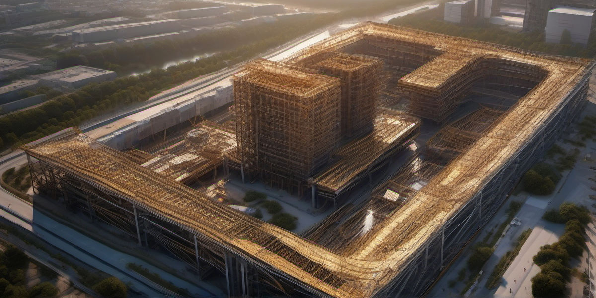 אווירה פוטוריאליסטית של בני ברק במרכז הארץ בשעות הבוקר המוקדמות – מגדלי פלדה חדשניים, מבנים תעשייתיים ממתכת פסים, מנופי בנייה פעילים ורשת של כבלי פלדה מעל כבישים – משקף פיתוח עירוני מתקדם ותשתיות מתכת ברמה גבוהה