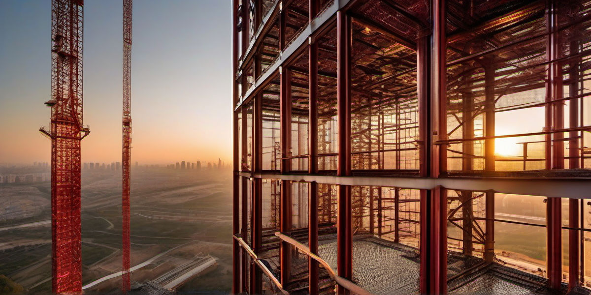 נוף הרמטי של רמת גן עם גורדי שחקים ממתכת נבנים ובוקעים בבזקי עמודי פלדה, משקיפים על שרשראות מנופי עגורנים אדומים באתר בנייה המשקיפים ממרכז ישראל