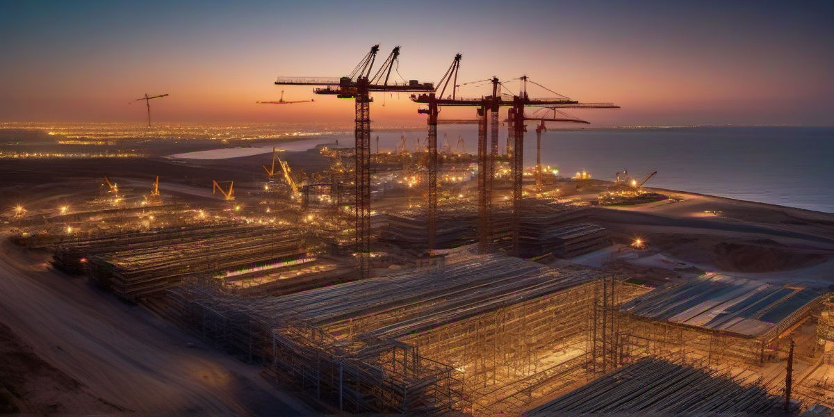 נוף אדריכלי מזריחה של אשקלון בדרום ישראל עם מגדלי פלדה חדשים, מנופי מגדל פועלים, מבנים מתכתיים בהקמה ומתקני תעשייה - מספקת השראה לעסקי בנייה ומתכת