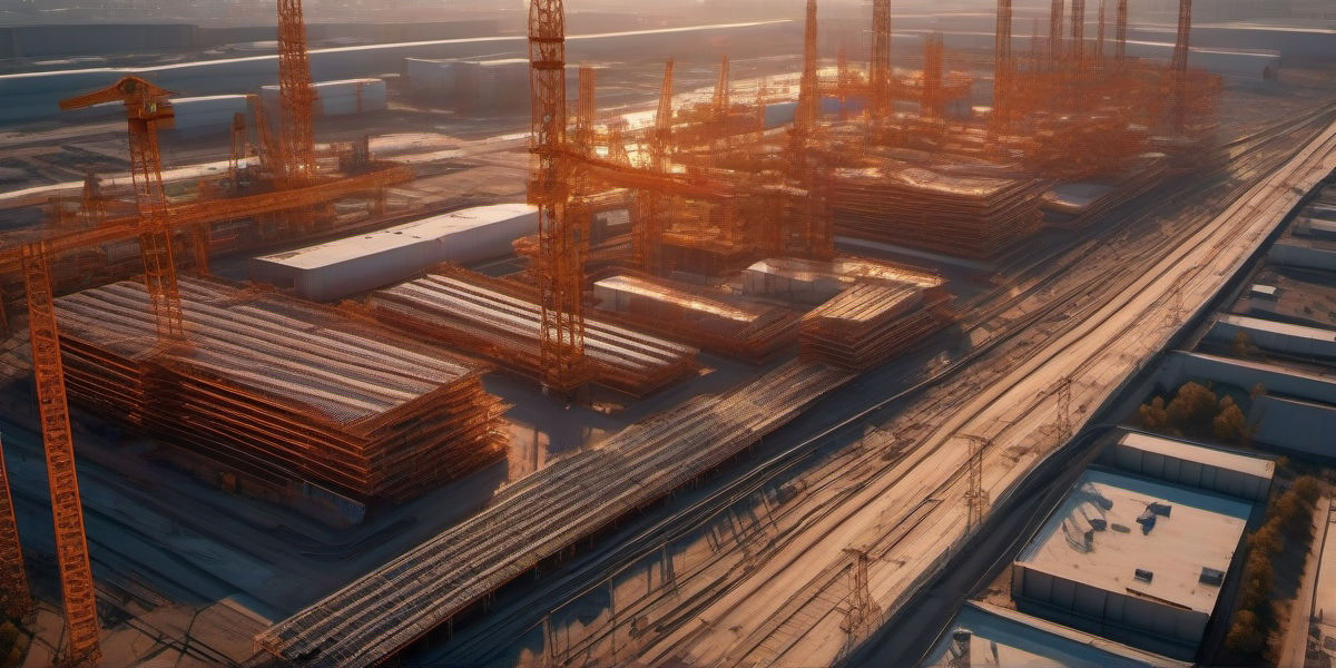 נוף אוויר דרמטי של אתר בנייה ענק בעיר לוד, מבנים מתכתיים מודרניים, מנופי עגורן נישאים מעל גושי פלדה, מלאכת בנייה פורחת במרכז הארץ בזמן שקיעה, מראה עירוני עם מחסנים ומפעלים מתכת אופייניים לתעשיה בישראל