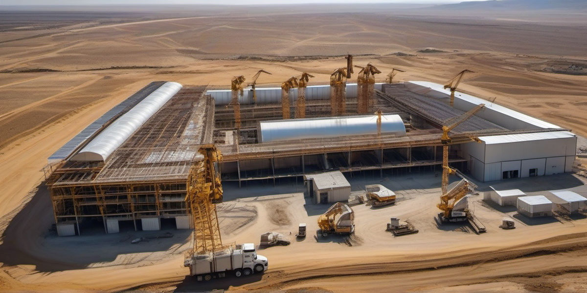 נוף אווירי מרהיב בשעת הדמדומים מעל קריית גת בדרום, בו מתנשאים מבנים מתכתיים מודרניים באתרי בנייה פעילים, חוליות פלדה מבריקות, מנופי ענק מרימים קורות ברזל, זיקי נעיצה זוהרים, מחסני לוגיסטיקה מפוארים עם קירות מתכתיים וקירות זכוכית מבהיקים, וציוד תעשייתי מתקדם לבנייה ומתכות