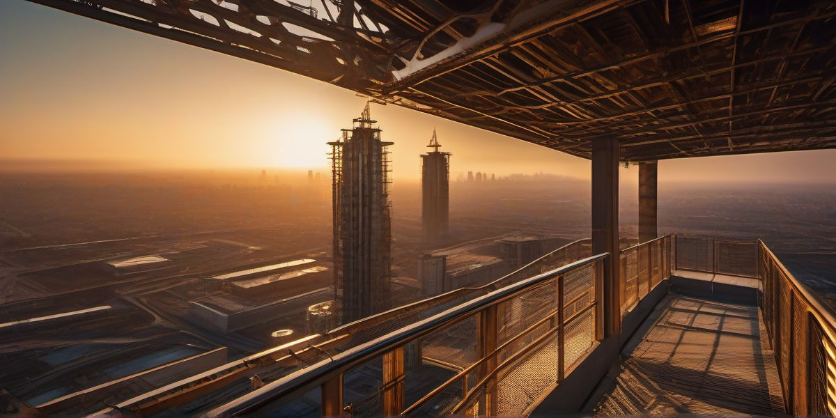 נוף אווירי בת-זמן של מרכז הוד השרון בגאותו – מגדלי פלדה ומתכת מהודרים, מנופי בנייה, מבני תעשייה וקווי תחבורה פלדתיים מבריקים בשקיעה, המציגים התפתחות עירונית חדשנית בשילוב עסקי בנייה ומתכת