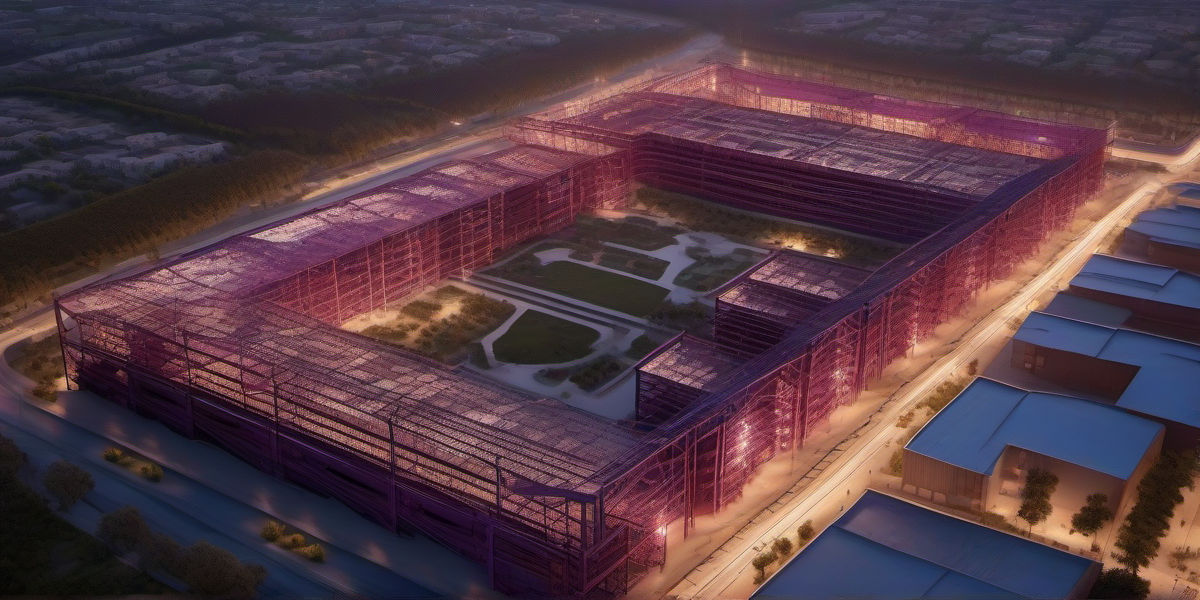 נוף תעשייתי של קיריית מוצקין בצפון בזמן בניה מתקדמת של מגדלי פלדה, מבנים עירוניים מתכתיים ומבנים לוגיסטיים זוהרים בחשיכה