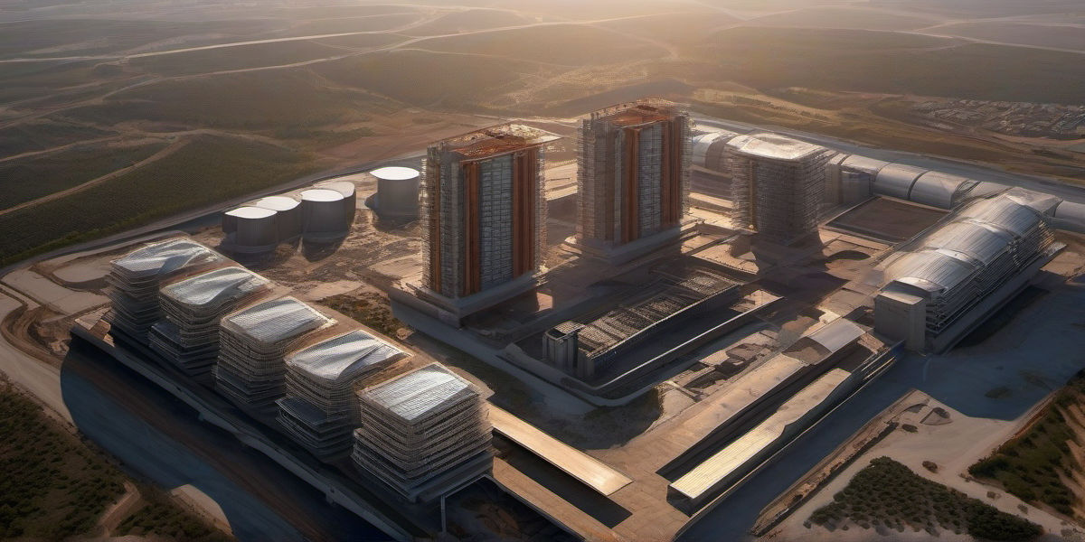 נוף עירוני מודרני של קריית אונו בשעת זהב עם מגדלי פלדה, בנייני מתכת, אתרי בנייה אינטנסיביים, מנופי מגדל אדומים, ומתקני תעשייה מתכתיים – דוגמה מהמובילים ליצור עסקי פלדה ובנייה בישראל