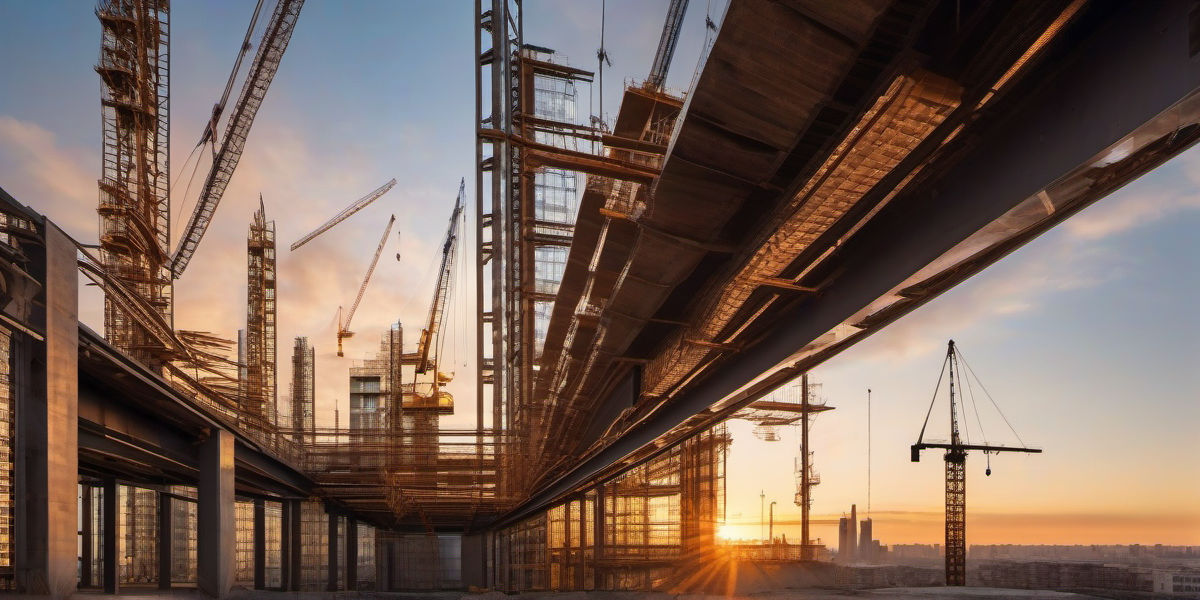 נופי בנייה מתקדמים בעיר שדרות: מבני פלדה מרהיבים, מגדלי מתכת זוהרים תחת שמש בוקר דרומית, פיגומי פלדה ומנופי ענק פועלים באתר בנייה עירוני חדשני