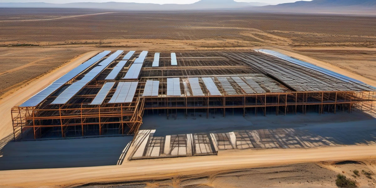 המראה אווירי מרהיב של אתר בנייה פעיל בדימונה, הדרום הצחיח מתחת לשמיים כחולים, פרויקטים של מבנים מתכתיים חדשים עם מסגרות פלדה זוהרות, מנופי מגדל וחשמל עובדים בזהירות, חברות בנייה ועבודות מתכת בהתלהבות