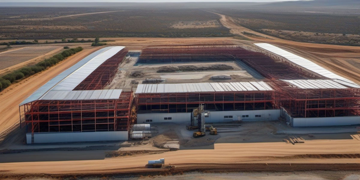 נוף אווירי מרהיב בעת שקיעה של קריית מלאכי, מציג מתחם בניה מתקדם בעל מבנים ממתכת, פיגומי פלדה, מנופים אדומים-לבנים ועובדים בביטחון – איכות בנייה ובנייה בעיר דרום