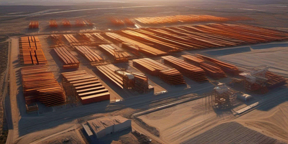 נוף אווירי עתיר פרטים של אתר בנייה בעיר נהריה הצפונית, מציג מגדלי פלדה מתקדמים, מבנים מתכתיים מודרניים, גשרי פלדה, מתקני תעשייה ולוגיסטיקה, בשעות הזריחה – הדמיה פוטוריאליסטית לעסקי ייצור מתכת ובנייה