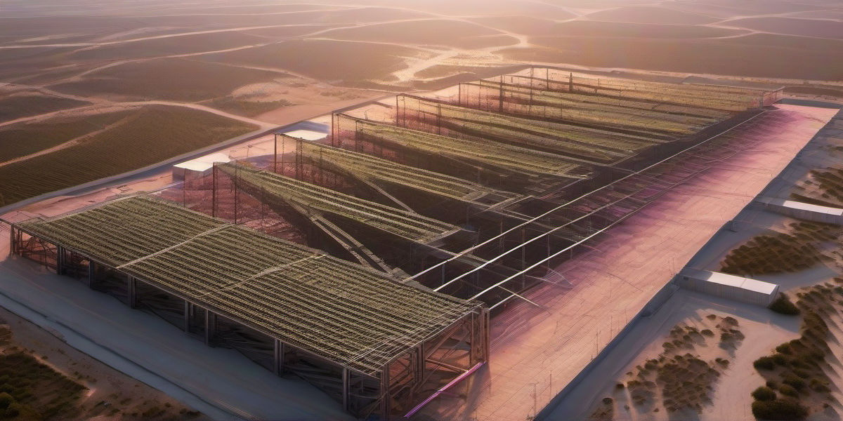 בטמרה שבצפון נראה אתר בנייה עירוני מתקדם בזריחה, עם מגדלי פלדה מבריקים, מנופי צריח פועלים ומבני מתכת מודרניים המסמלים פיתוח תעשייתי ויציבת פלדה מהסוג החדיש בישראל