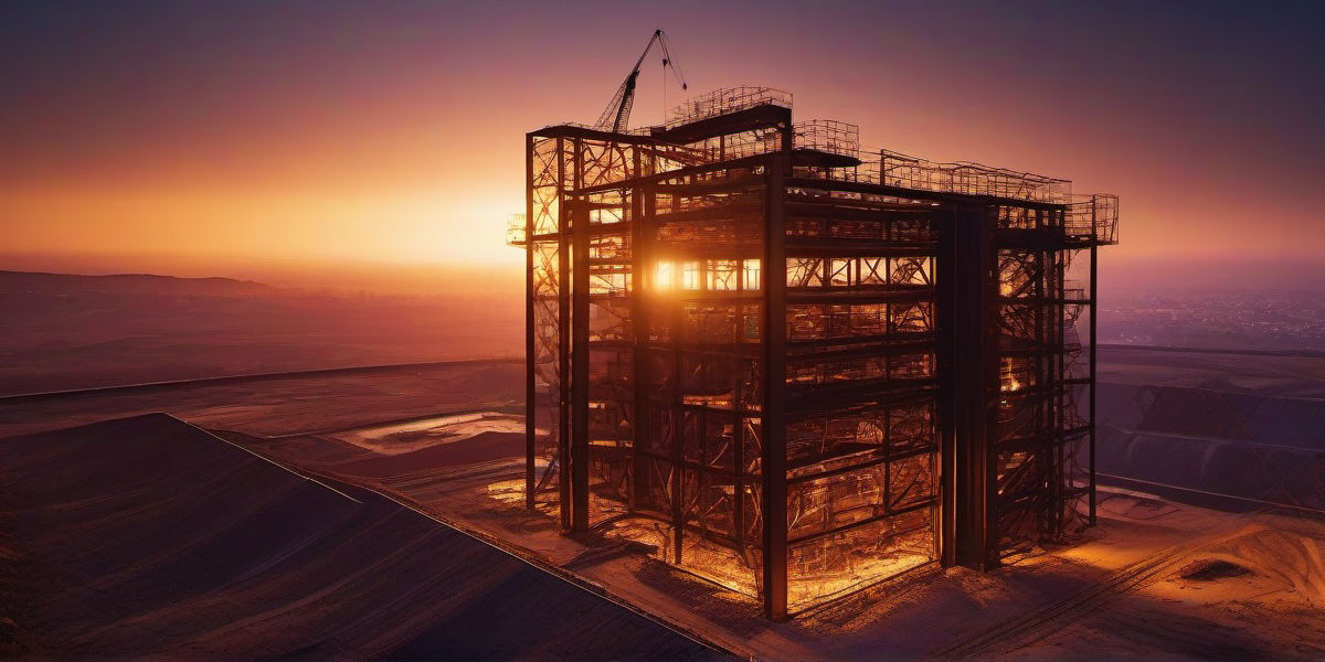 נוף מודרני מלופף בפלדה ומתכת בעיר סחנין בצפון: אתרי בנייה עם מבנים פלדה מתקדמים, מנופים זוהרים, דופנות מתכת קורטן מחוממות פלזמית בשעת שקיעה, מכונות בנייה פעילות ותאורת עיר תעשייתית - אדריכלות מוכמת הכוללת פלדה ובניית אינפרא סטטוס מתקדם בצפון הארץ