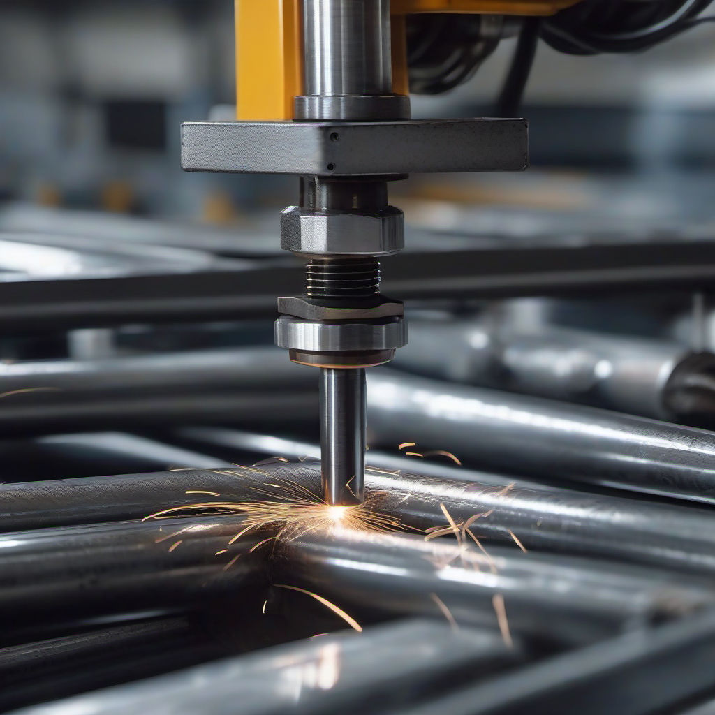 תמונה איכותית של תהליך כיפוף ברזל בבית מלאכה תעשייתי, מדגישה את המרקם והדיוק של ברזל בטון מכופף בזווית 90 מעלות על ידי מכונה CNC מתקדמת