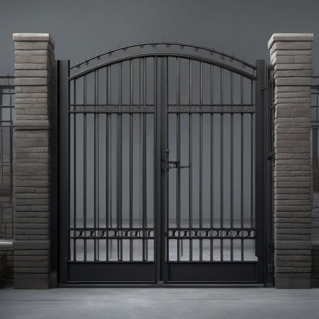 שער ברזל כבד בעל גמר פודרה חצי מט בגוון אפור עופרת עם במבוקט פנינה מתכתי וברגי חיזוק גלויים, הצצה על טקסטור פני פלדה מחוספסת ופסי אבזרה עבים, מתאים לבטחון מסחרי ותעשייתי