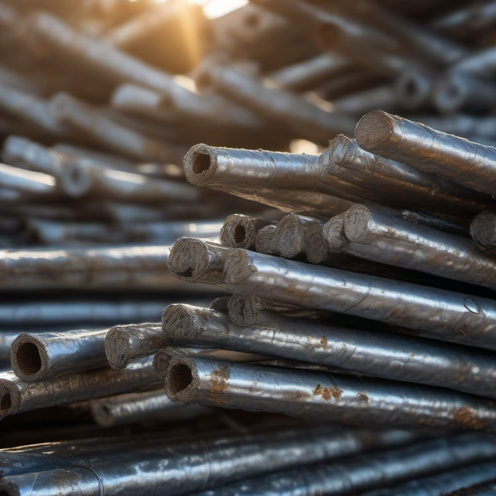 חבילות ברזל מגולוון מסודרות באתר בנייה מראות זריחה זהובה, גלגלי אנטי-קורוזיה והברק מטאלי לשיווק ברזל מעובד ומגולוון למבנה חזק ועמיד. מילות מפתח: ברזל מגולוון, ברזל עיבוד, חומרי מבנה, עמידות קורוזיה, חומרי חיזוק לבנייה, סחורה מתכתית, אספקת מתכת לאתר בנייה, ברזל CBD, מתכת מעובדת לתעשייה, ברזל איכותי.