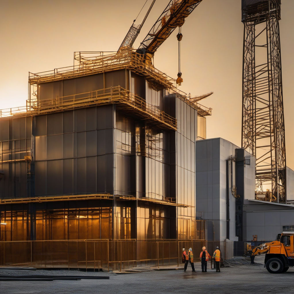 לוחות ברונזה למבנים בגוון חום-זהוב חם, משטח מבריק עם טקסטורת פסים עדינה וסימני ייצור, מתקינים בשטח בנייה בתאורת שקיעה, מתאים למחירון ברונזה למבנים