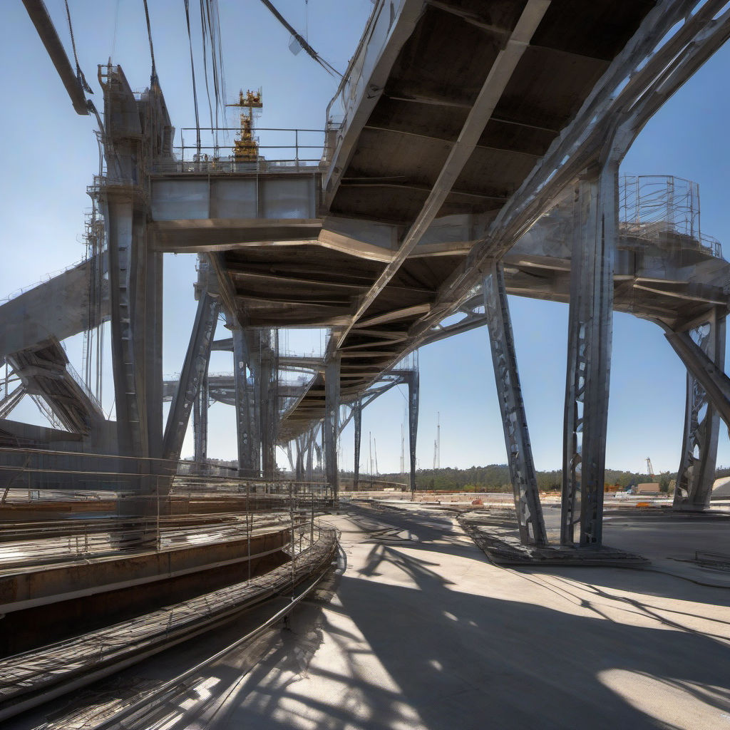 גשר תעשייתי חדיש בעל קורות טיטניום מבריקות, מבט אמריקאי רחב, חוזק מתכת יוצא דופן, שמש צהריים חדה, פרטי בנייה מתקדמים, התנגדות שריטה, טיטניום לבנייה