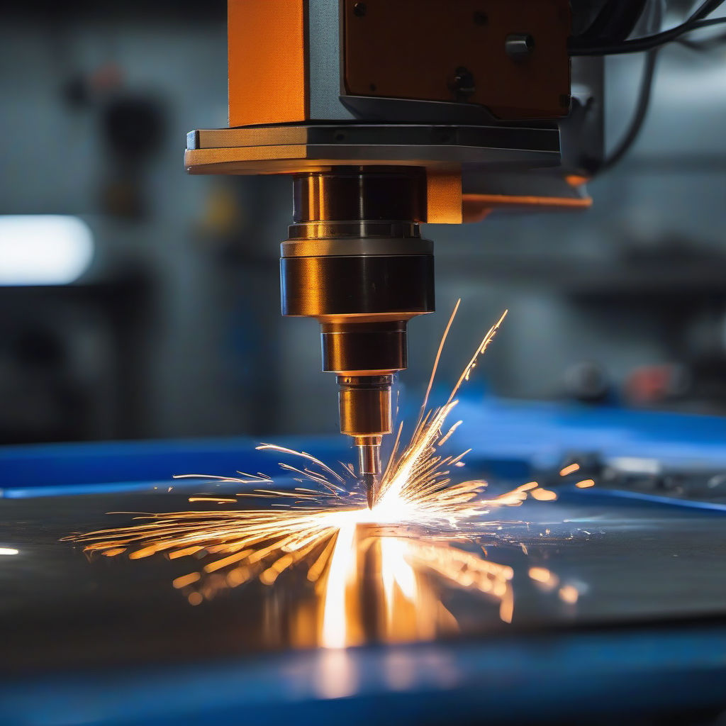 תמונה ריאליסטית של חיתוך ברזל עילי בדיוק ננומטרי בעזרת לייזר סיבים CNC, מתאימה לשירות 'חיתוך ברזל מדויק' וקטגוריית עיבוד מדויק
