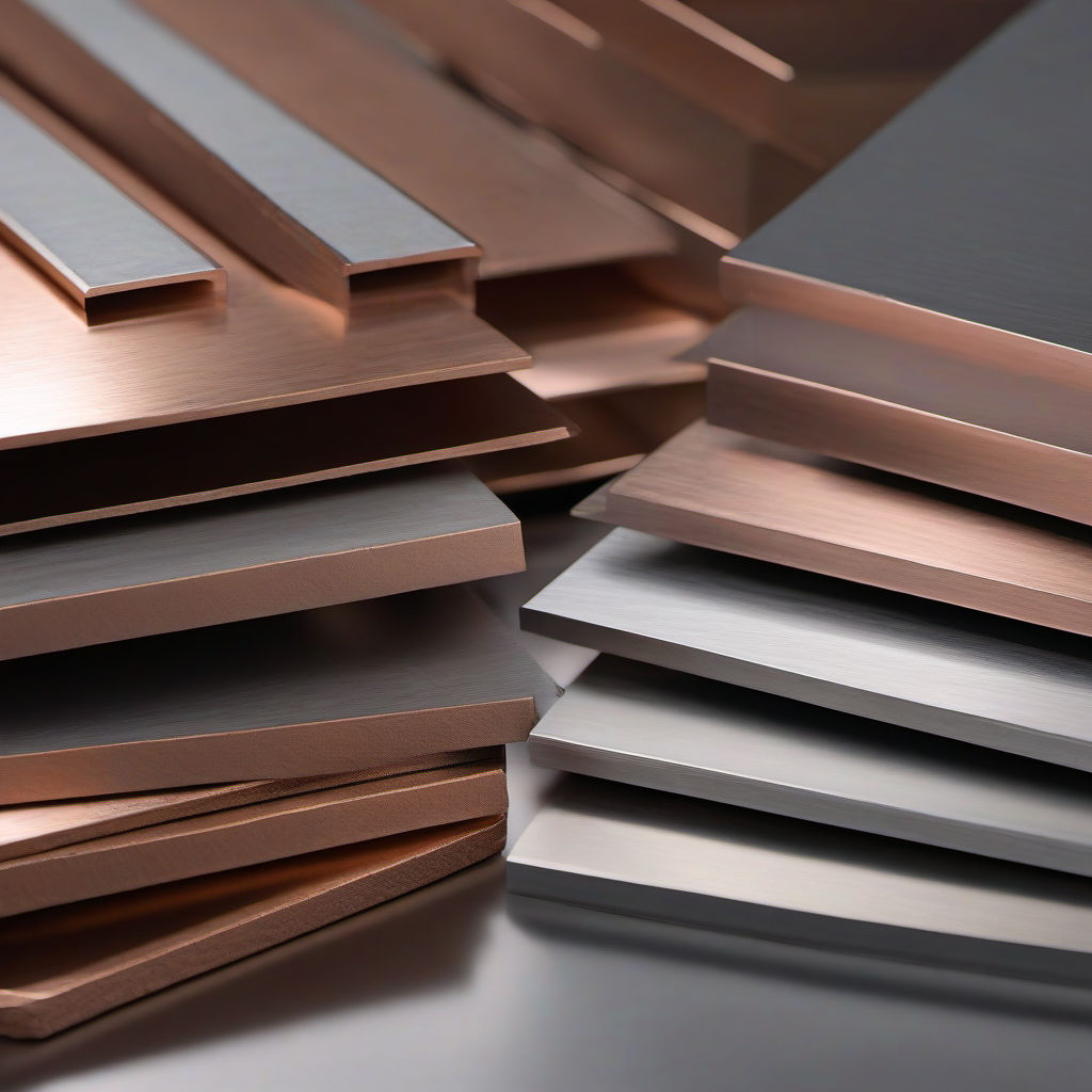 ערימה של מתכות הנדסיות איכותיות כולל פלדת אל חלד מחוסמת, אלומיניום אל-חלד, פלדה מגולוונת ונחושת עמידה בפני קורוזיה, מצולמות באור יום טבעי עם בלור מתון ברקע חוזק בטון ניטראלי – מתאים עבור פרויקטים הנדסיים ותעשייתיים