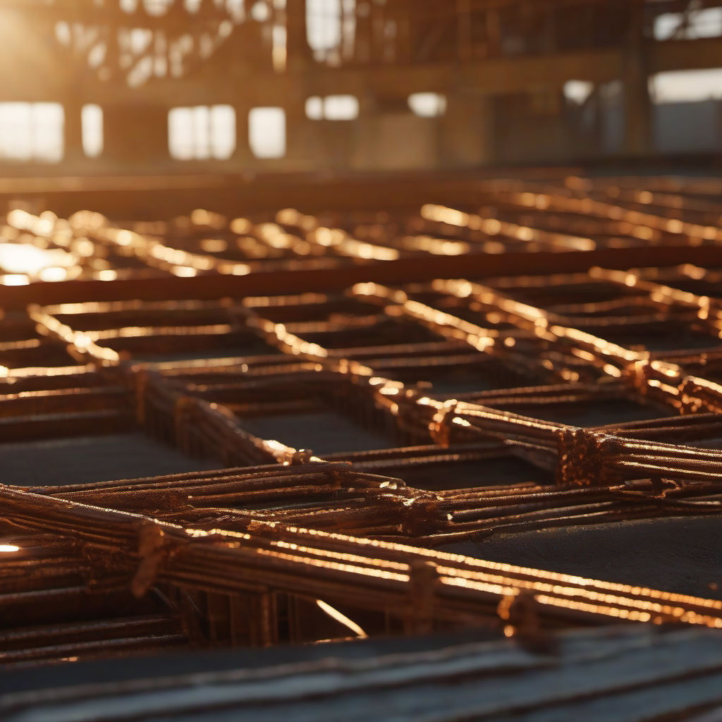 חבילות ברזל תשתית מצופות חלודה קלה מונחות על משטח פלדה כבד באתר הנמל בשעת זהב, חוזק חומרי ברזל, אספקת ברזל לפרויקטי תשתית, ברזל תשתיות