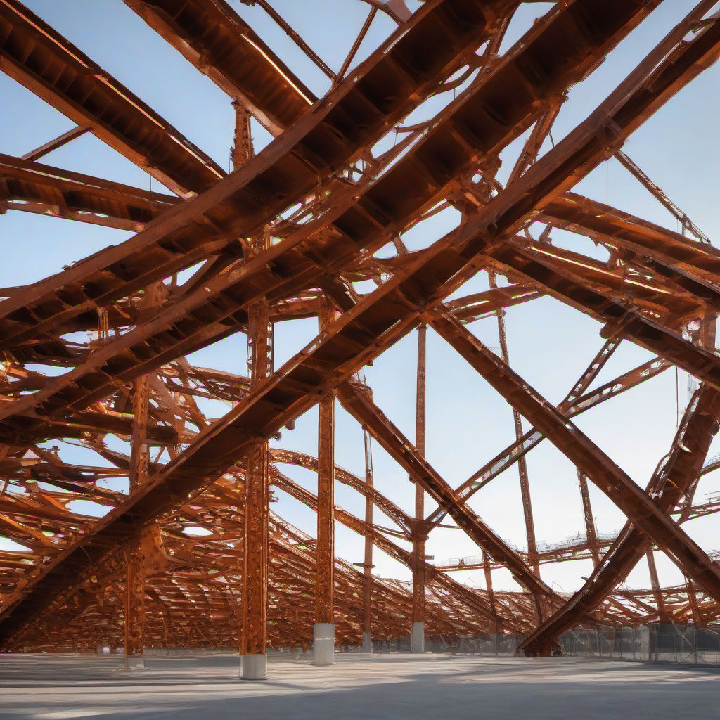 תמונה פוטוריאליסטית של שלד אצטדיון ברזל חדש עם פסגות עמודים באור כתום-חום טבעי, רכיבי פלדה מגולוונים, ברגים וחיבורים בתאורה טבעית של בוקר – שירותי ברזל לאצטדיונים, עמודי פלדה לאצטדיונים, עבודות פלדה למבנים ספורטיביים, ברזל מגולוון לאצטדיונים